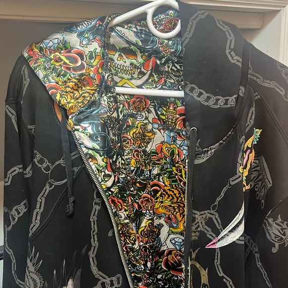 Vintage Christian Audigier Y2K all over skull reversible hoodie very soft warm - Picture 1 of 11